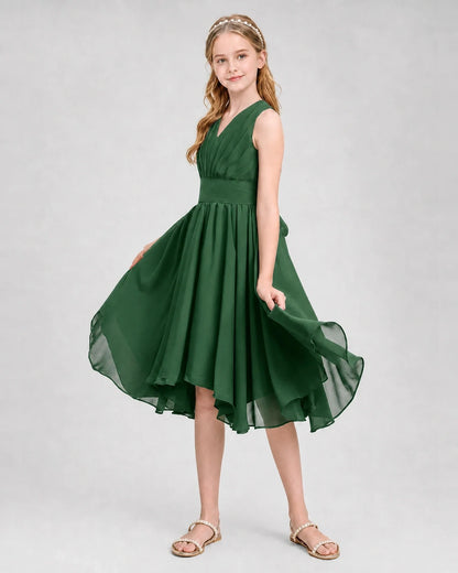 Dideyttawl Ruched V-Neck Chiffon Junior Bridesmaid Dress with Bow