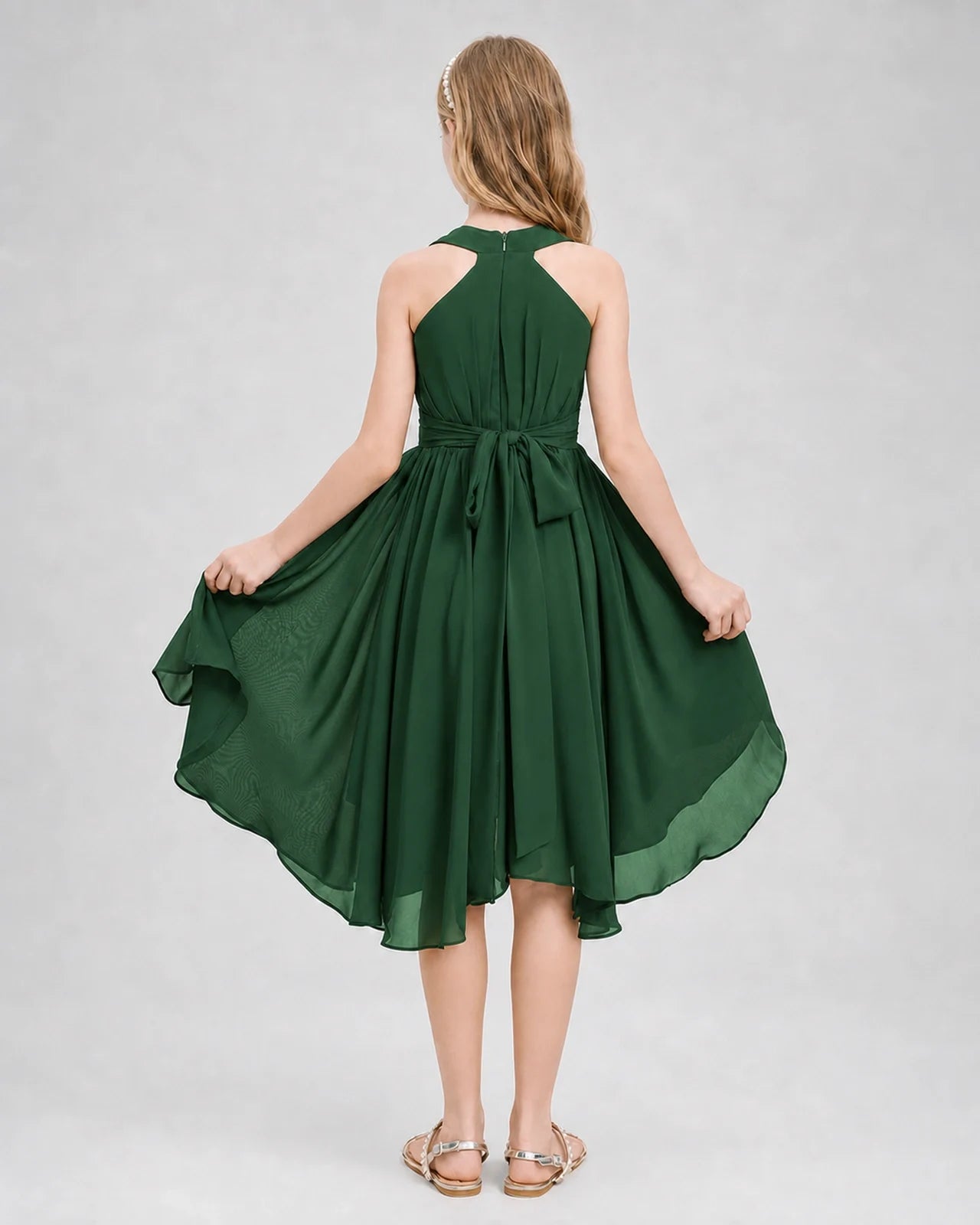 Dideyttawl Ruched V-Neck Chiffon Junior Bridesmaid Dress with Bow