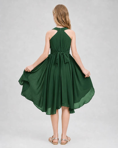Dideyttawl Ruched V-Neck Chiffon Junior Bridesmaid Dress with Bow