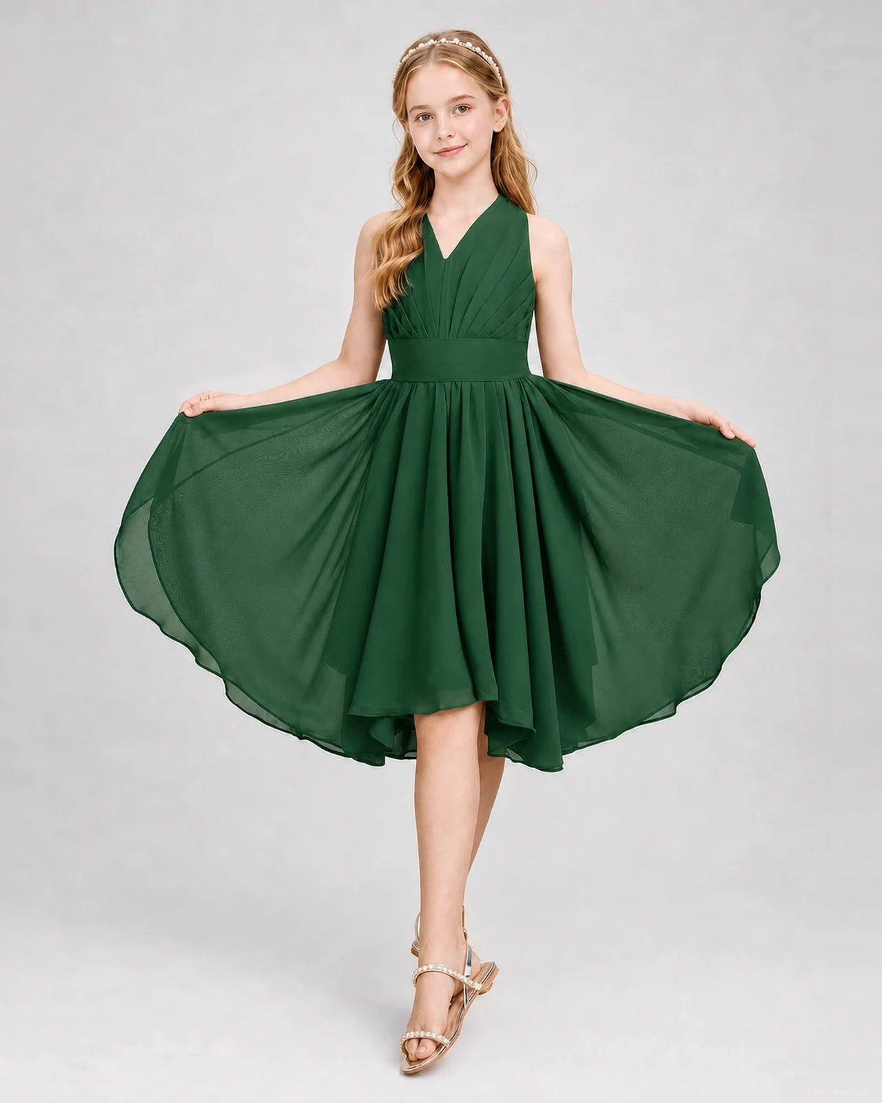 Dideyttawl Ruched V-Neck Chiffon Junior Bridesmaid Dress with Bow