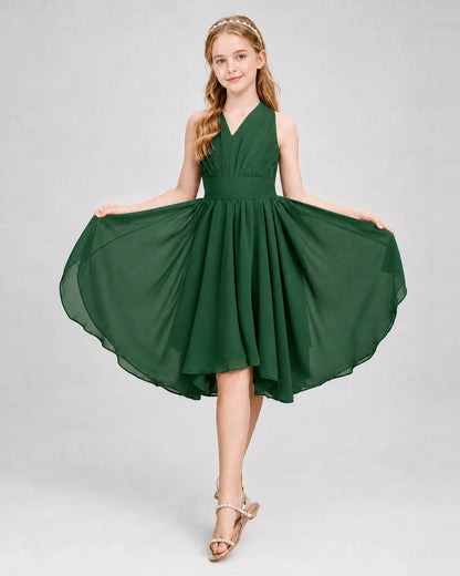 Dideyttawl Ruched V-Neck Chiffon Junior Bridesmaid Dress with Bow