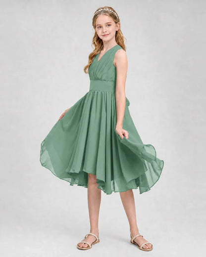Dideyttawl Ruched V-Neck Chiffon Junior Bridesmaid Dress with Bow