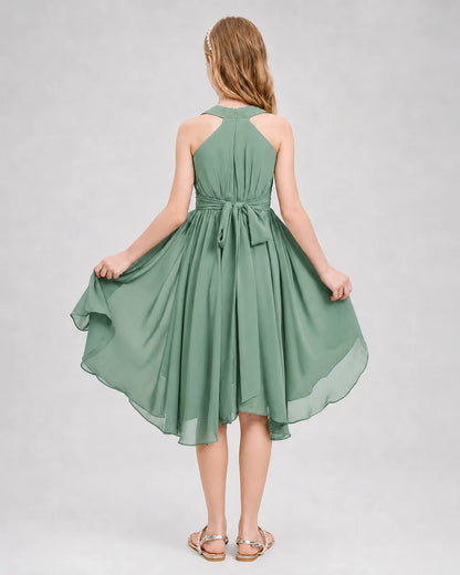 Dideyttawl Ruched V-Neck Chiffon Junior Bridesmaid Dress with Bow
