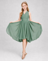 Eucalyptus chiffon V-neck junior bridesmaid dress Side View