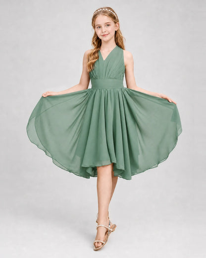 Dideyttawl Ruched V-Neck Chiffon Junior Bridesmaid Dress with Bow