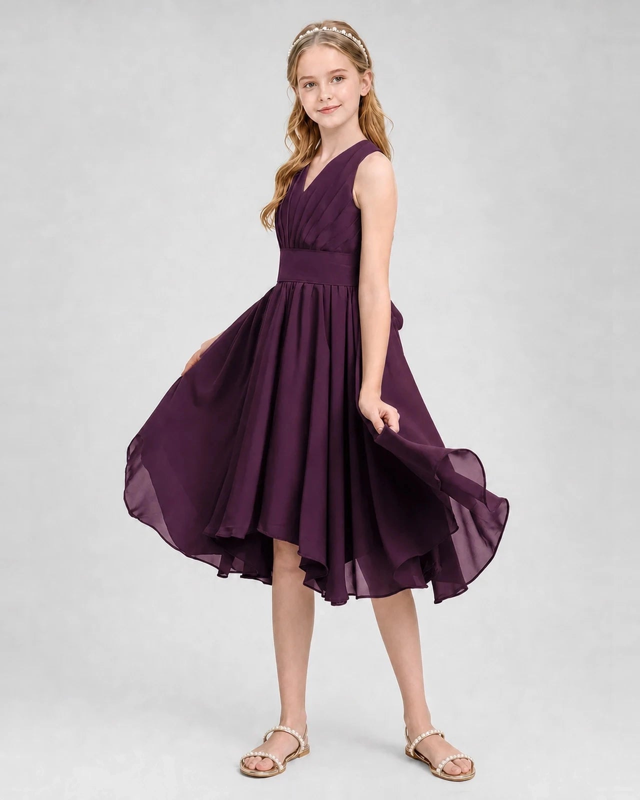 Dideyttawl Ruched V-Neck Chiffon Junior Bridesmaid Dress with Bow