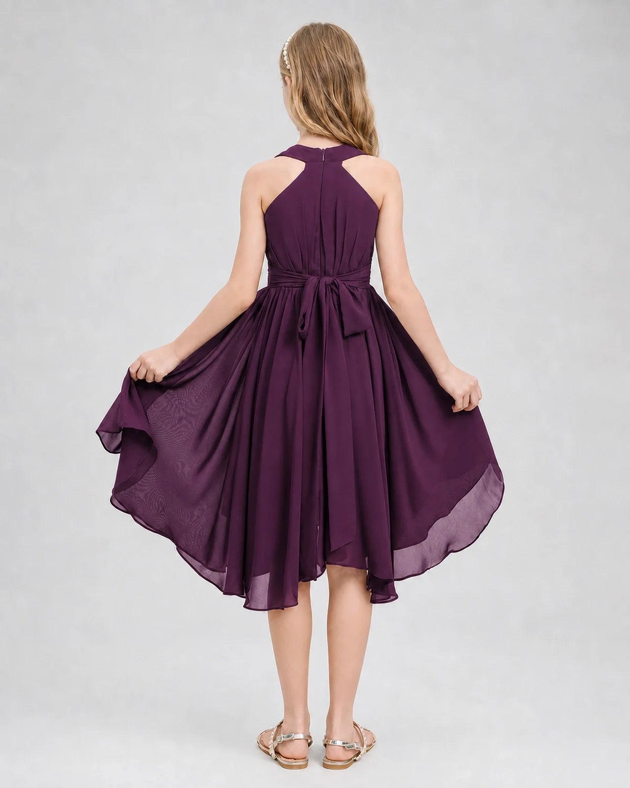 Dideyttawl Ruched V-Neck Chiffon Junior Bridesmaid Dress with Bow