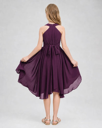 Dideyttawl Ruched V-Neck Chiffon Junior Bridesmaid Dress with Bow