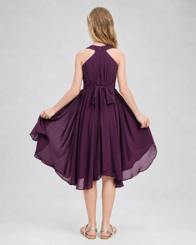 Grape Chiffon Halter Junior Bridesmaid Dresses Back View