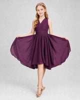 Grape Chiffon V-Neck Junior Bridesmaid Dresses Side View