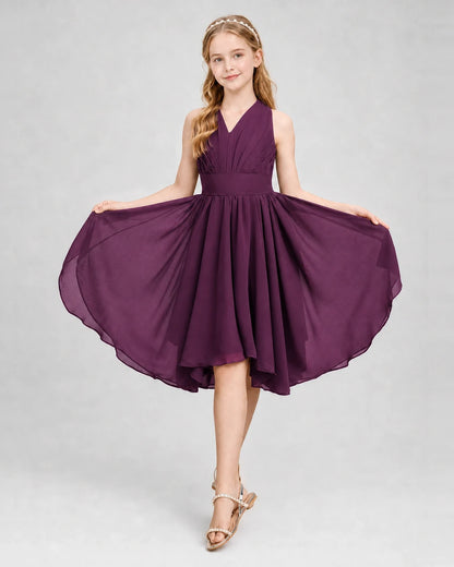 Dideyttawl Ruched V-Neck Chiffon Junior Bridesmaid Dress with Bow