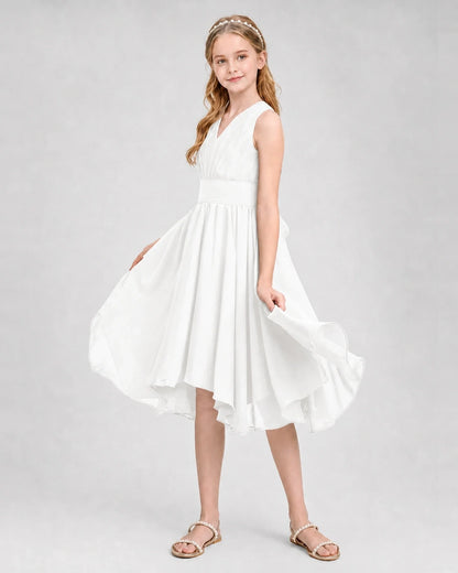 Dideyttawl Ruched V-Neck Chiffon Junior Bridesmaid Dress with Bow