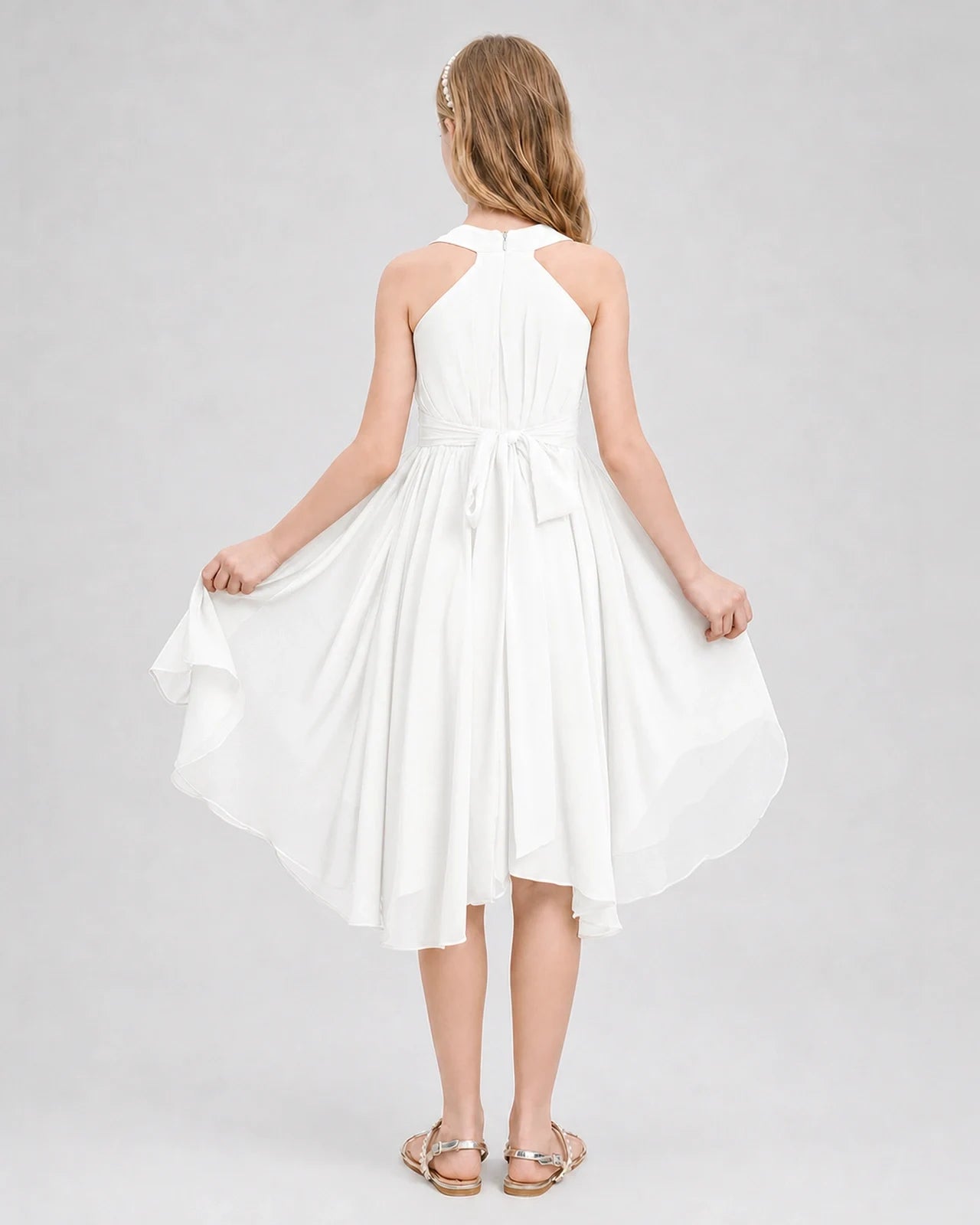 Dideyttawl Ruched V-Neck Chiffon Junior Bridesmaid Dress with Bow