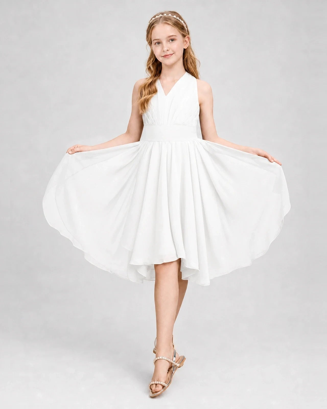 Dideyttawl Ruched V-Neck Chiffon Junior Bridesmaid Dress with Bow