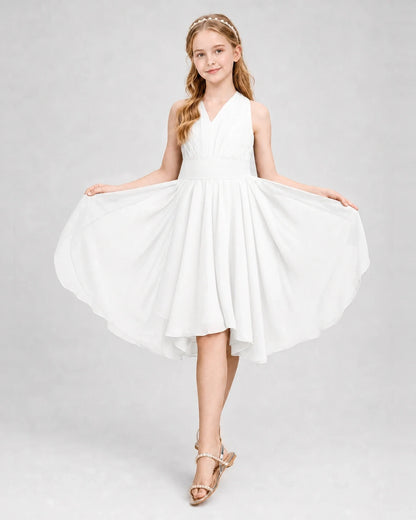 Dideyttawl Ruched V-Neck Chiffon Junior Bridesmaid Dress with Bow