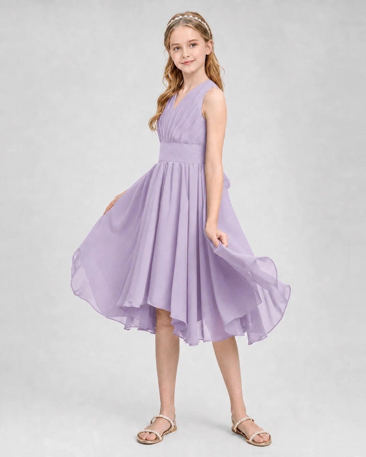 Dideyttawl Ruched V-Neck Chiffon Junior Bridesmaid Dress with Bow