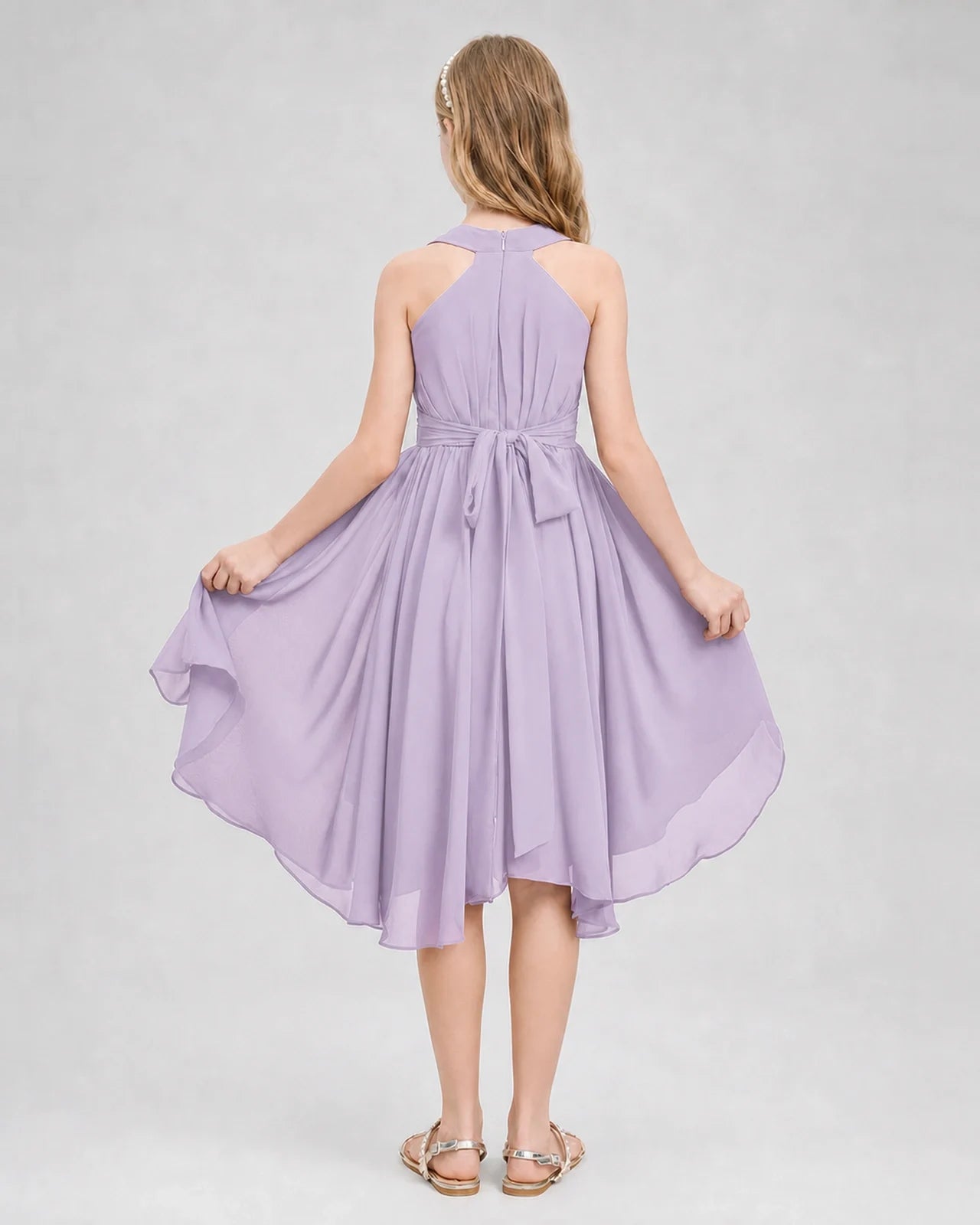 Dideyttawl Ruched V-Neck Chiffon Junior Bridesmaid Dress with Bow