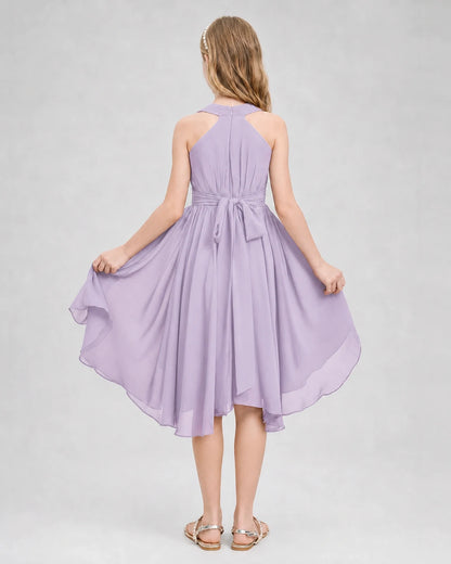 Dideyttawl Ruched V-Neck Chiffon Junior Bridesmaid Dress with Bow