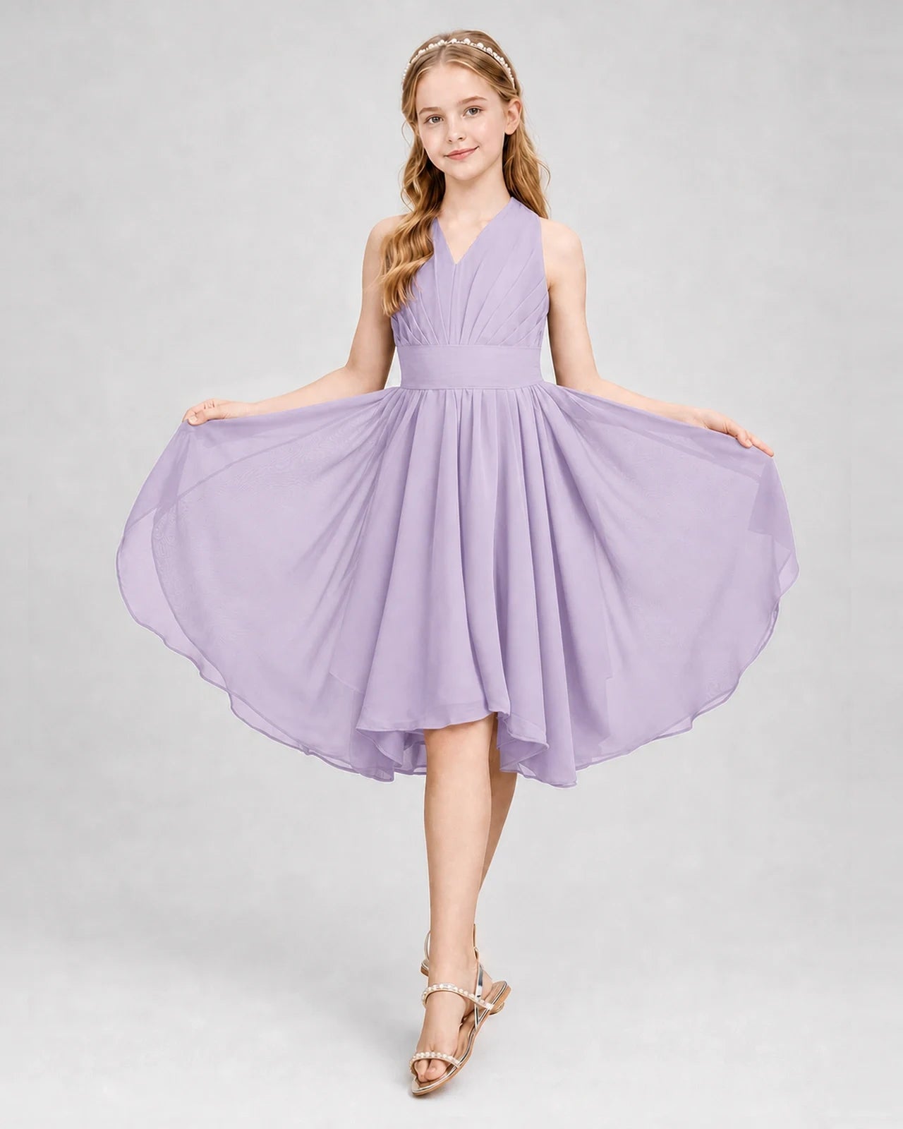 Dideyttawl Ruched V-Neck Chiffon Junior Bridesmaid Dress with Bow