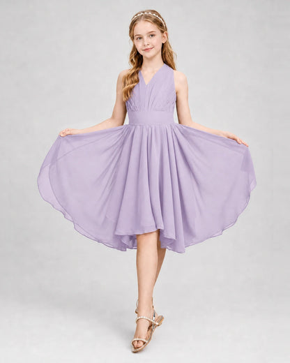 Dideyttawl Ruched V-Neck Chiffon Junior Bridesmaid Dress with Bow
