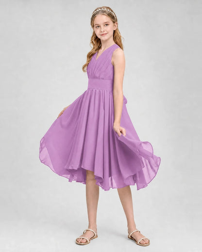 Dideyttawl Ruched V-Neck Chiffon Junior Bridesmaid Dress with Bow