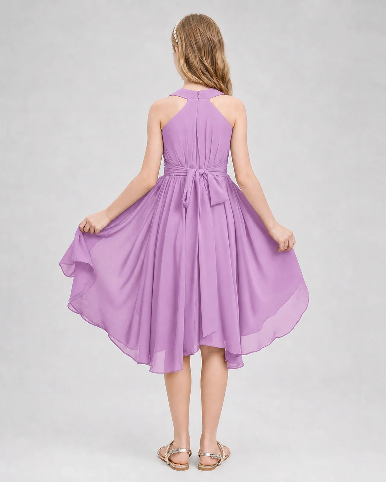 Dideyttawl Ruched V-Neck Chiffon Junior Bridesmaid Dress with Bow