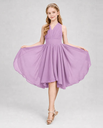 Dideyttawl Ruched V-Neck Chiffon Junior Bridesmaid Dress with Bow