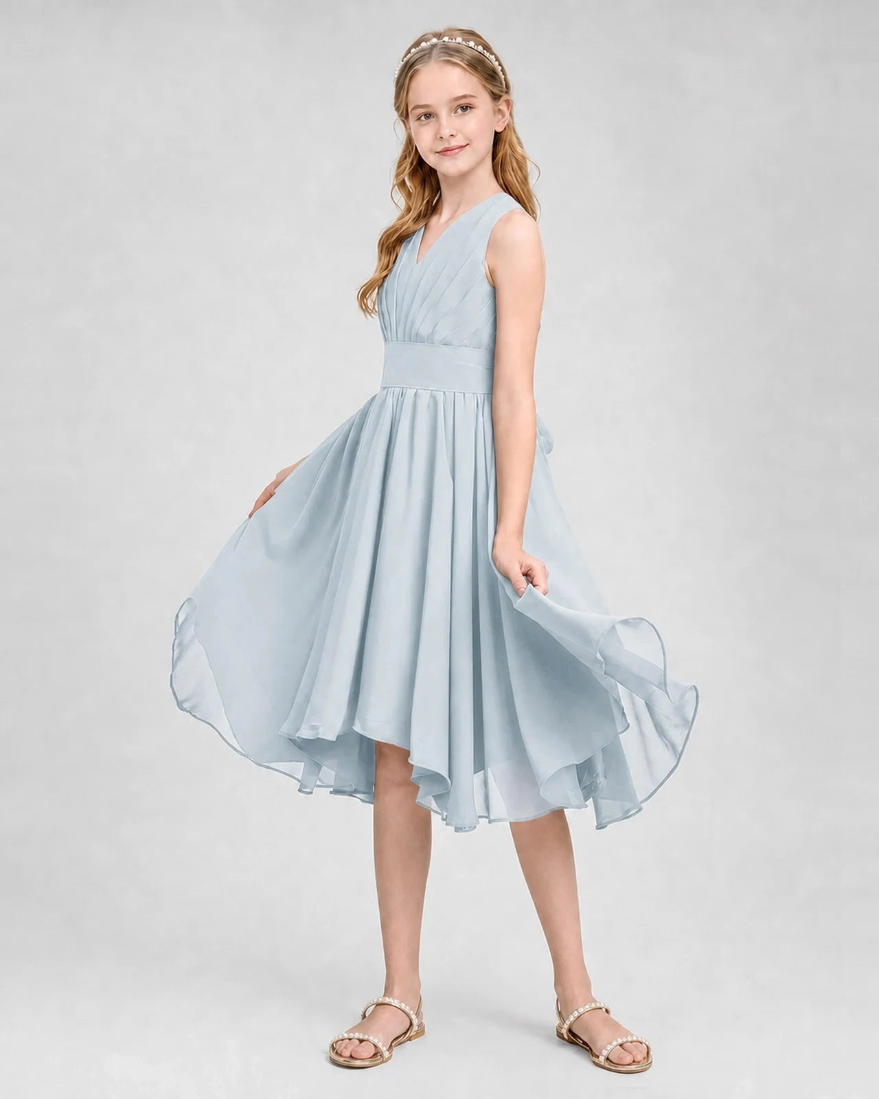 Dideyttawl Ruched V-Neck Chiffon Junior Bridesmaid Dress with Bow