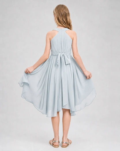 Dideyttawl Ruched V-Neck Chiffon Junior Bridesmaid Dress with Bow