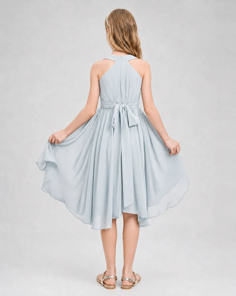 Mist Chiffon Halter Junior Bridesmaid Dresses Front View