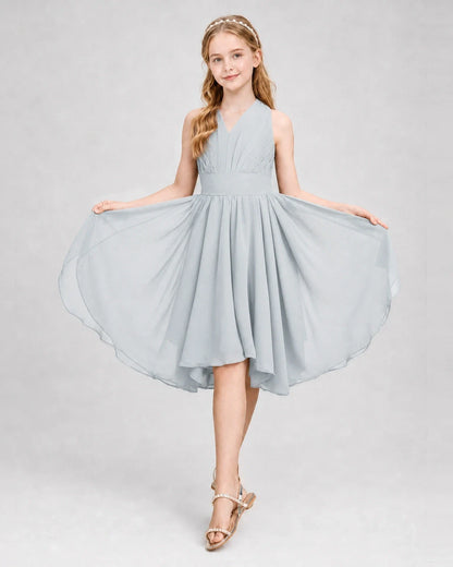 Dideyttawl Ruched V-Neck Chiffon Junior Bridesmaid Dress with Bow