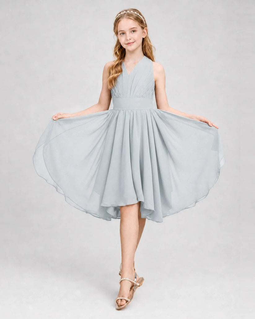 Mist chiffon pleated halter junior bridesmaid dress Side View