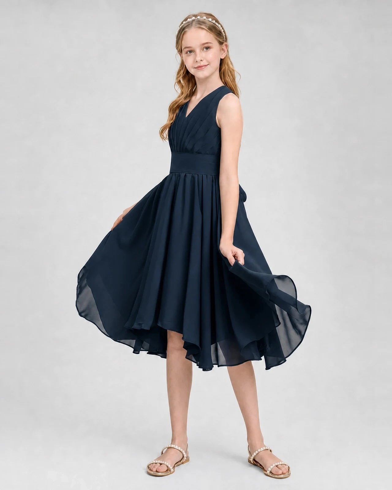 Dideyttawl Ruched V-Neck Chiffon Junior Bridesmaid Dress with Bow