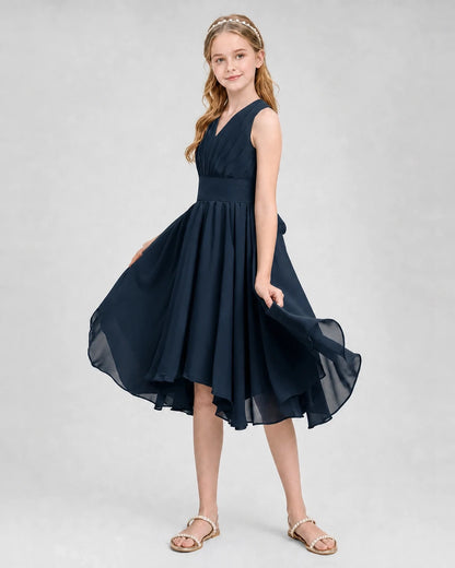 Dideyttawl Ruched V-Neck Chiffon Junior Bridesmaid Dress with Bow