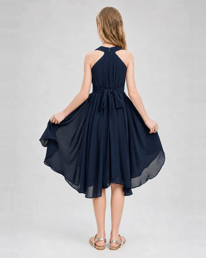Dideyttawl Ruched V-Neck Chiffon Junior Bridesmaid Dress with Bow