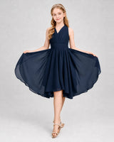Navy Blue Chiffon Pleated A-Line Junior Bridesmaid Dresses Side View