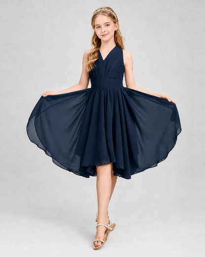Dideyttawl Ruched V-Neck Chiffon Junior Bridesmaid Dress with Bow