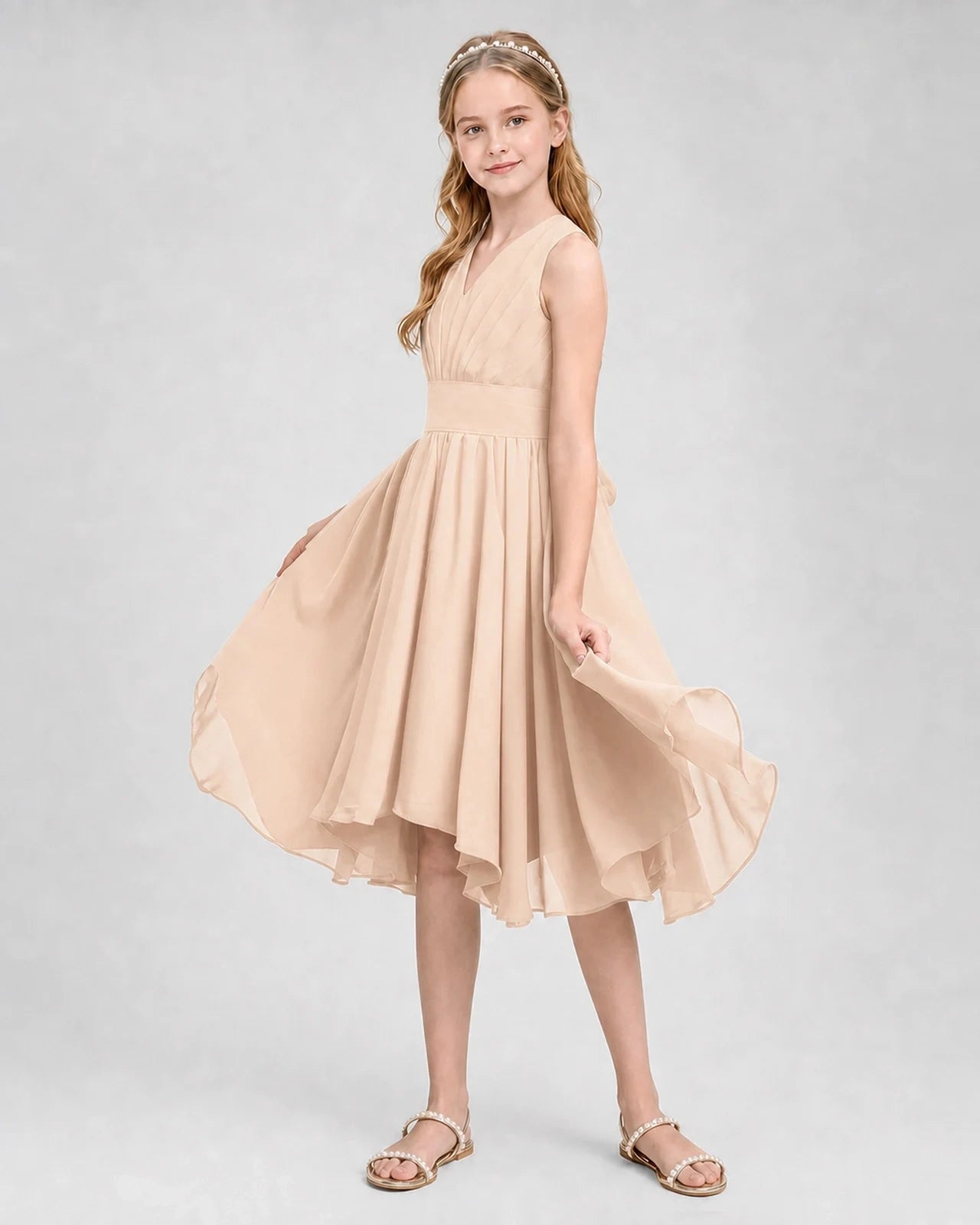 Dideyttawl Ruched V-Neck Chiffon Junior Bridesmaid Dress with Bow
