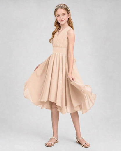 Dideyttawl Ruched V-Neck Chiffon Junior Bridesmaid Dress with Bow