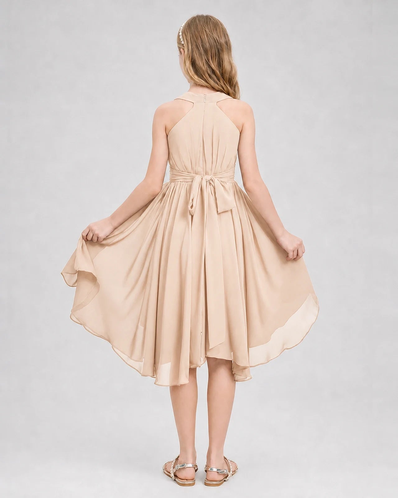 Dideyttawl Ruched V-Neck Chiffon Junior Bridesmaid Dress with Bow