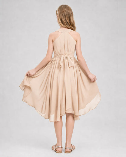 Dideyttawl Ruched V-Neck Chiffon Junior Bridesmaid Dress with Bow