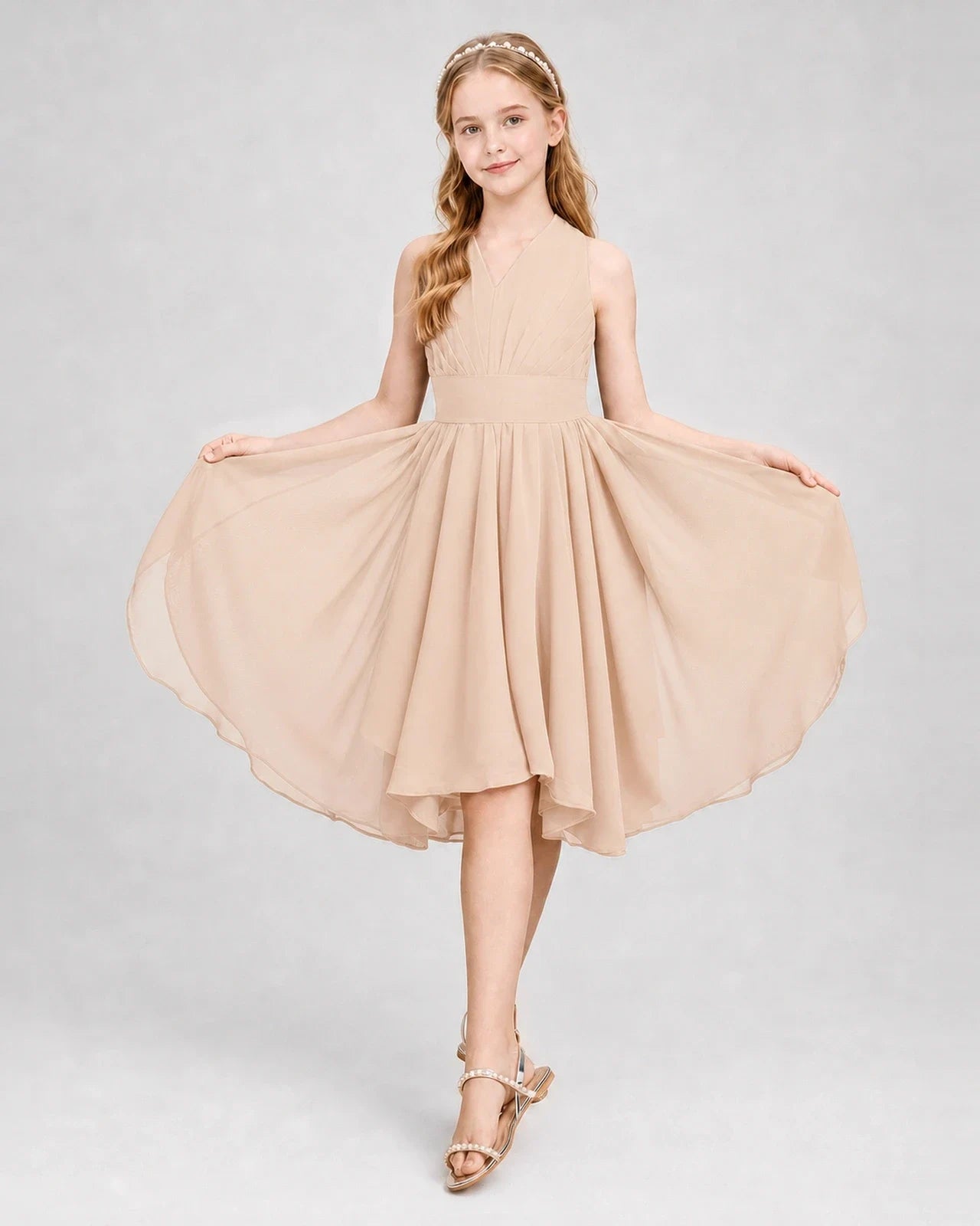 Dideyttawl Ruched V-Neck Chiffon Junior Bridesmaid Dress with Bow
