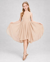 Peach chiffon A-line junior bridesmaid dress, side view.