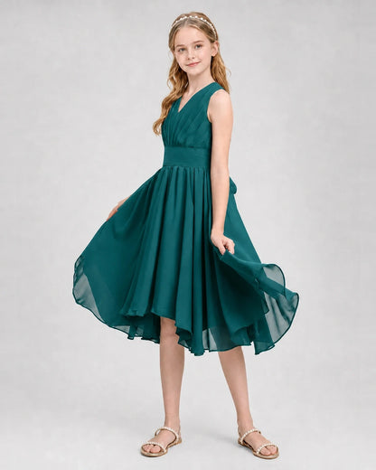 Dideyttawl Ruched V-Neck Chiffon Junior Bridesmaid Dress with Bow