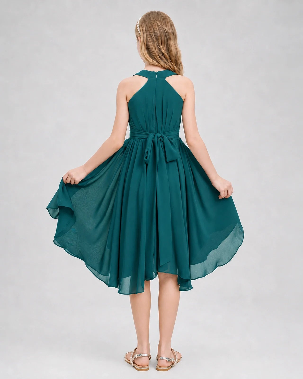 Dideyttawl Ruched V-Neck Chiffon Junior Bridesmaid Dress with Bow