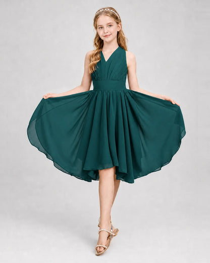 Dideyttawl Ruched V-Neck Chiffon Junior Bridesmaid Dress with Bow