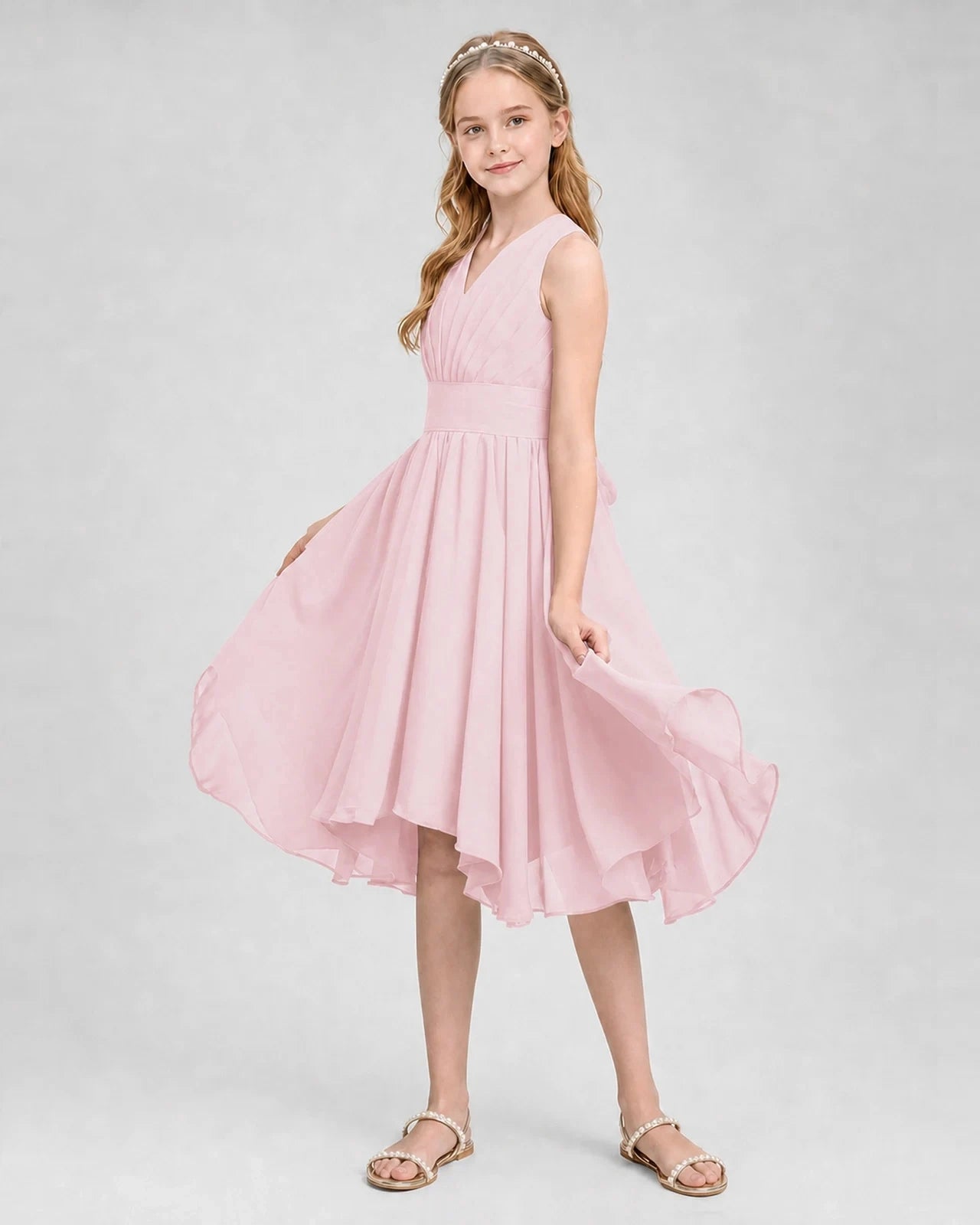 Dideyttawl Ruched V-Neck Chiffon Junior Bridesmaid Dress with Bow
