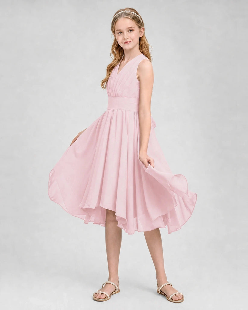 Pink Chiffon V-Neck A-Line Junior Bridesmaid Dresses Back View