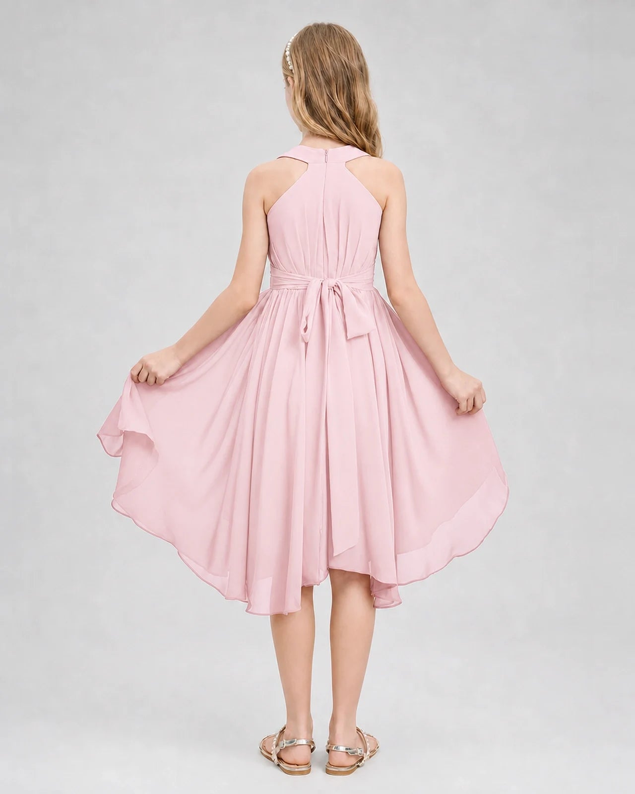 Pink chiffon halter junior bridesmaid dresses back view