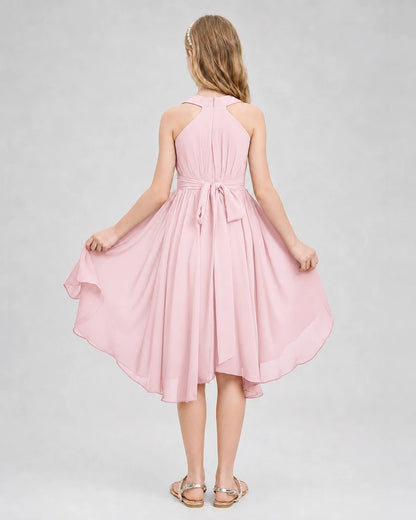 Dideyttawl Ruched V-Neck Chiffon Junior Bridesmaid Dress with Bow